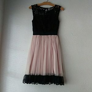 Blush pink and black lace dress